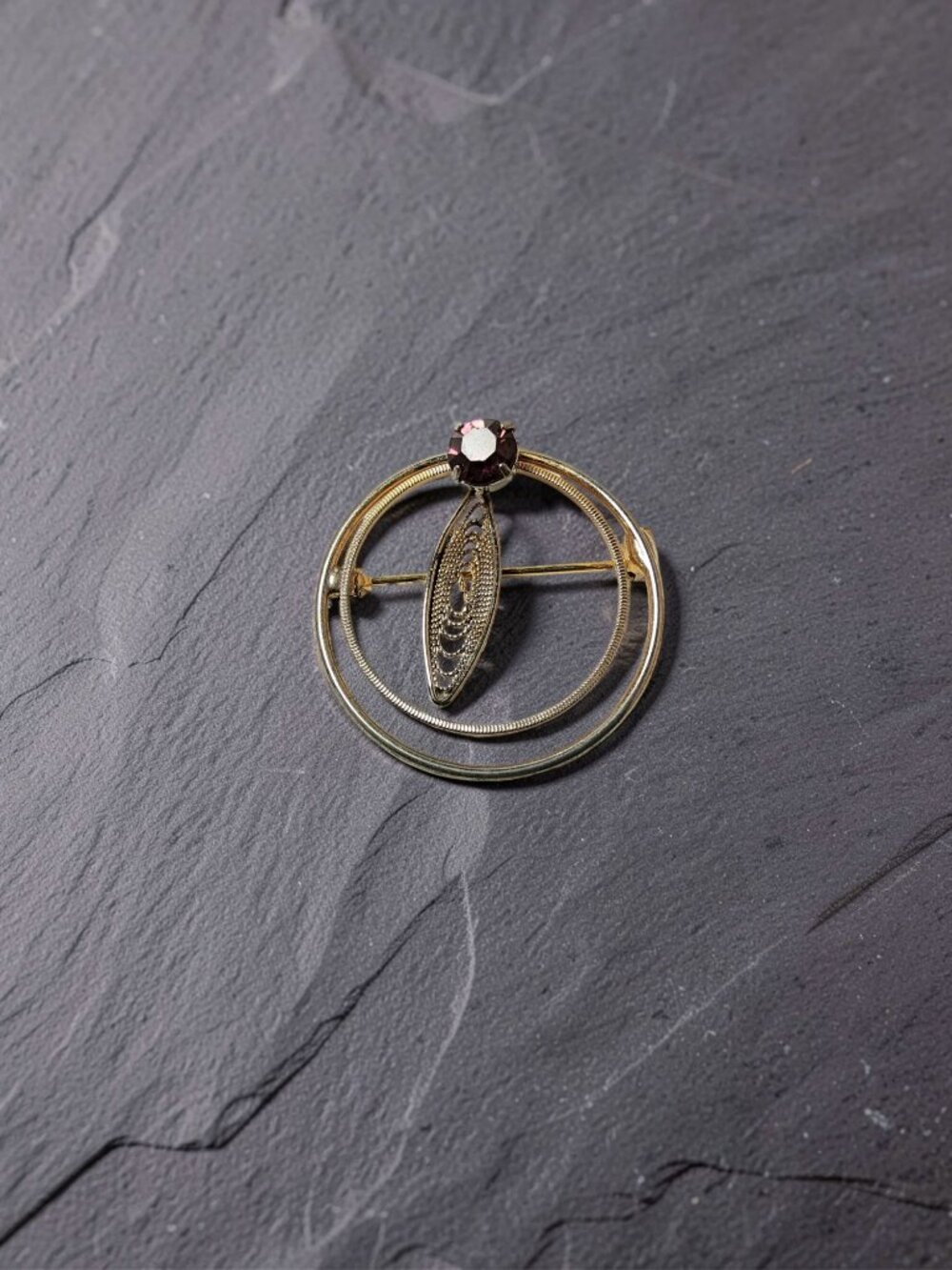 Vintage Silver & Gold Tone Circular Brooch With Amethyst Gemstone